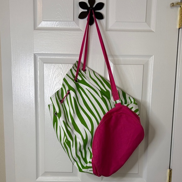 Green and Pink Zebra Print Tote Bag Over the Shoulder 17 x 19 inches Drawstring - Picture 4 of 11